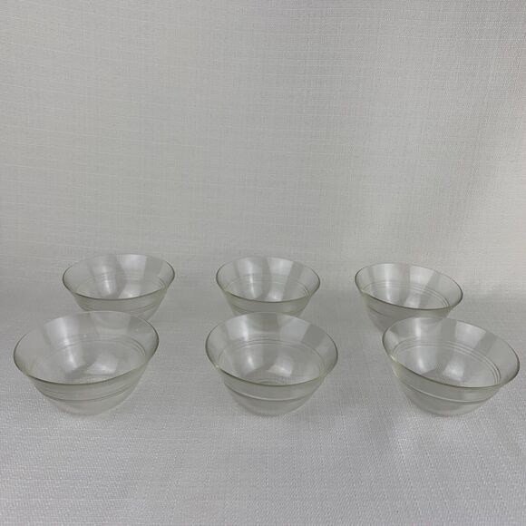 Vintage Set of 6 Pyrex 3 Ring Custard Bowls 445 Dessert Ramekins - Picture 1 of 9